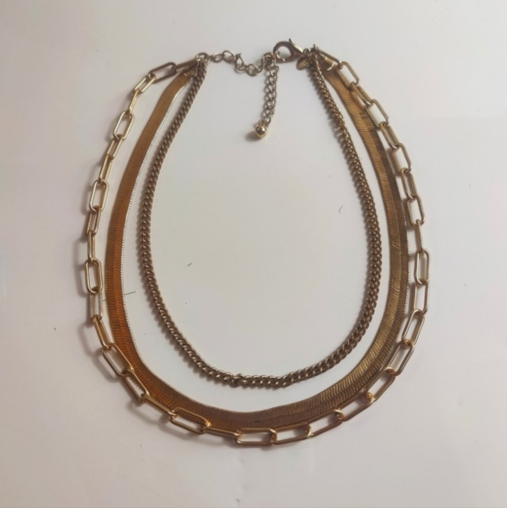 Chico's Gold Tone Layered Necklace Herringbone Chain Paperclip Link - Picture 3 of 7